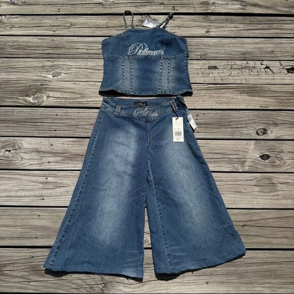 Vintage Y2K Plush Rhinestone 2 Piece Women’s Wide Leg Set Outfit - Picture 1 of 10